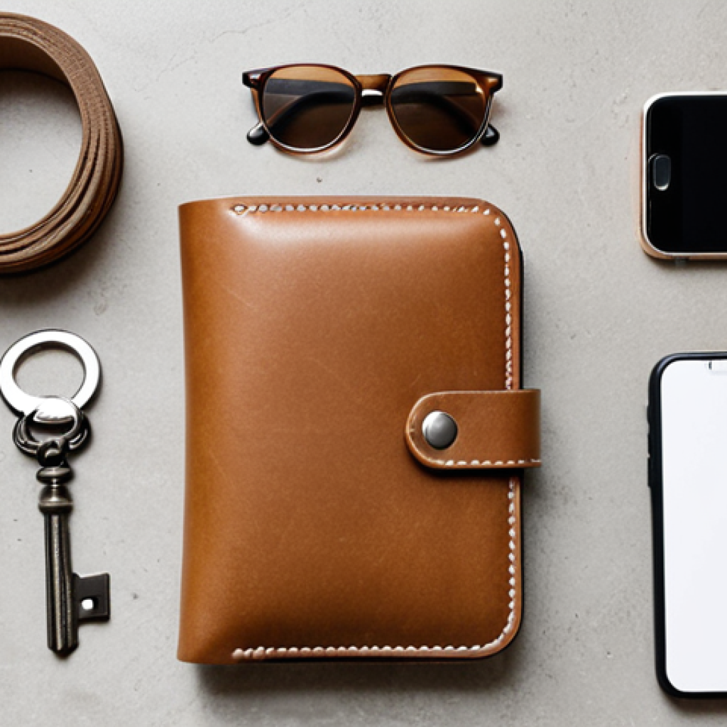**

A minimalist flat lay featuring a sleek, slim wallet (possibly Muji style – leather or canvas), a stylish key fob, a modern smartphone, and a pair of sunglasses. The background should be a clean, neutral surface like concrete or light wood. The overall aesthetic is clean, organized, and intentionally curated, emphasizing the "accessorizing with purpose" concept.  Focus on high-quality materials and intentional placement of items.

**