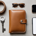 **

A minimalist flat lay featuring a sleek, slim wallet (possibly Muji style – leather or canvas), a stylish key fob, a modern smartphone, and a pair of sunglasses. The background should be a clean, neutral surface like concrete or light wood. The overall aesthetic is clean, organized, and intentionally curated, emphasizing the "accessorizing with purpose" concept.  Focus on high-quality materials and intentional placement of items.

**