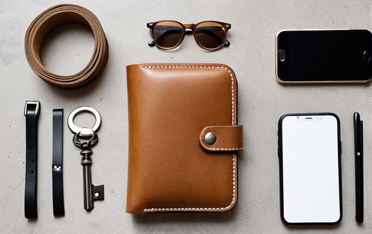 **
A minimalist flat lay featuring a sleek, slim wallet (possibly Muji style – leather or canvas), a stylish key fob, a modern smartphone, and a pair of sunglasses. The background should be a clean, neutral surface like concrete or light wood. The overall aesthetic is clean, organized, and intentionally curated, emphasizing the "accessorizing with purpose" concept. Focus on high-quality materials and intentional placement of items.
**