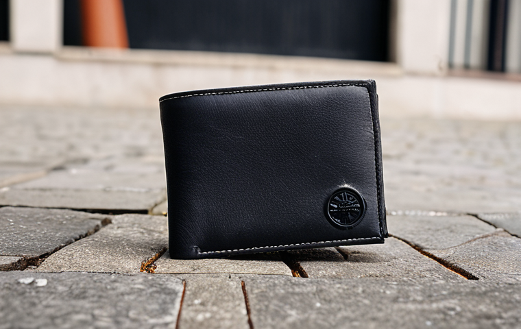 **
A close-up shot of a well-worn Stone Island wallet, showcasing its premium leather texture and meticulous stitching. Focus on the iconic Stone Island patch, subtly placed. The wallet is slightly open, revealing a few essential cards and a small amount of cash. The background is a blurred, urban setting, suggesting a stylish, on-the-go lifestyle. The overall feel is understated cool and high quality.
**