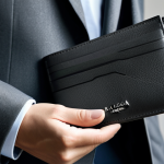 A professional's hands, fully clothed in a modest, long-sleeved dark grey suit jacket, delicately holding a sleek black Balenciaga Neo Classic card wallet. The focus is on the rich, supple leather texture and the exquisite, tight precision stitching visible on the wallet's edges. The background is a softly blurred, minimalist office desk with diffused natural light highlighting the elegant simplicity of the object. Perfect anatomy, correct proportions, natural pose, well-formed hands, proper finger count, natural body proportions, professional photography, high resolution, safe for work, appropriate content, professional, fully clothed.