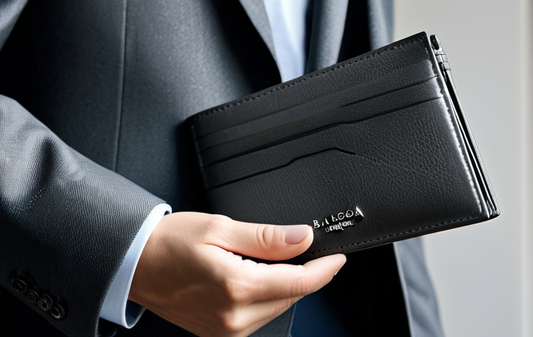 A professional's hands, fully clothed in a modest, long-sleeved dark grey suit jacket, delicately holding a sleek black Balenciaga Neo Classic card wallet. The focus is on the rich, supple leather texture and the exquisite, tight precision stitching visible on the wallet's edges. The background is a softly blurred, minimalist office desk with diffused natural light highlighting the elegant simplicity of the object. Perfect anatomy, correct proportions, natural pose, well-formed hands, proper finger count, natural body proportions, professional photography, high resolution, safe for work, appropriate content, professional, fully clothed.