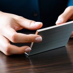 A professional individual, fully clothed in a modest business casual outfit, carefully holding a premium, brushed aluminum cardholder. The cardholder exhibits a subtle, authentic patina, reflecting its robust and enduring quality. The scene is set on a sleek, dark wood desk in a sophisticated, well-lit modern office, with natural light subtly highlighting the metallic texture. The subject's well-formed hands and correct proportions are naturally posed, conveying a sense of appreciation for durable craftsmanship. professional dress, safe for work, appropriate content, perfect anatomy, natural body proportions, high-resolution product photography, detailed, realistic.