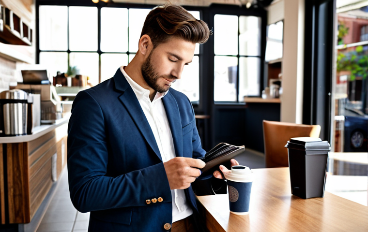 **

"A well-dressed man in his late 20s, wearing a casual but stylish outfit (chinos, button-down shirt, blazer), is paying at a coffee shop. He is holding a sleek, black Tommy Hilfiger leather bifold wallet. The scene is a modern, bright coffee shop interior. Focus on the wallet and the man's hands. Safe for work, appropriate content, fully clothed, professional, perfect anatomy, well-formed hands, natural body proportions."

**
