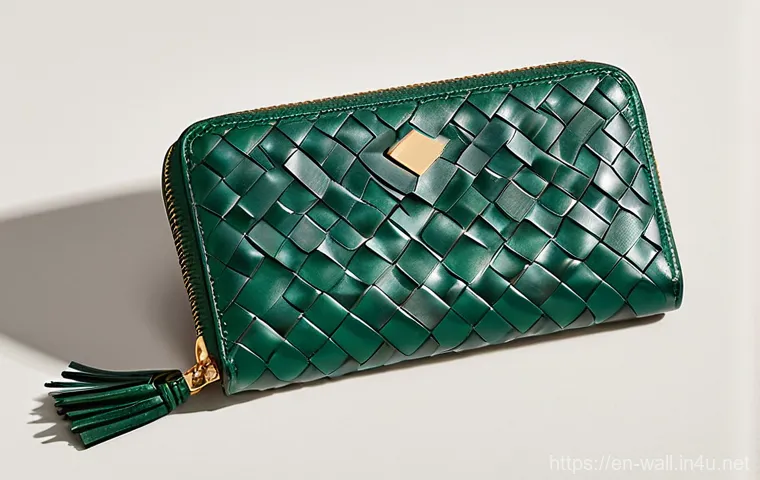 보테가 베네타 인트레치아토 지갑의 매력 - **Aesthetic of Everyday Elegance (Bifold Wallet):**
    A close-up, high-angle, editorial photograph...