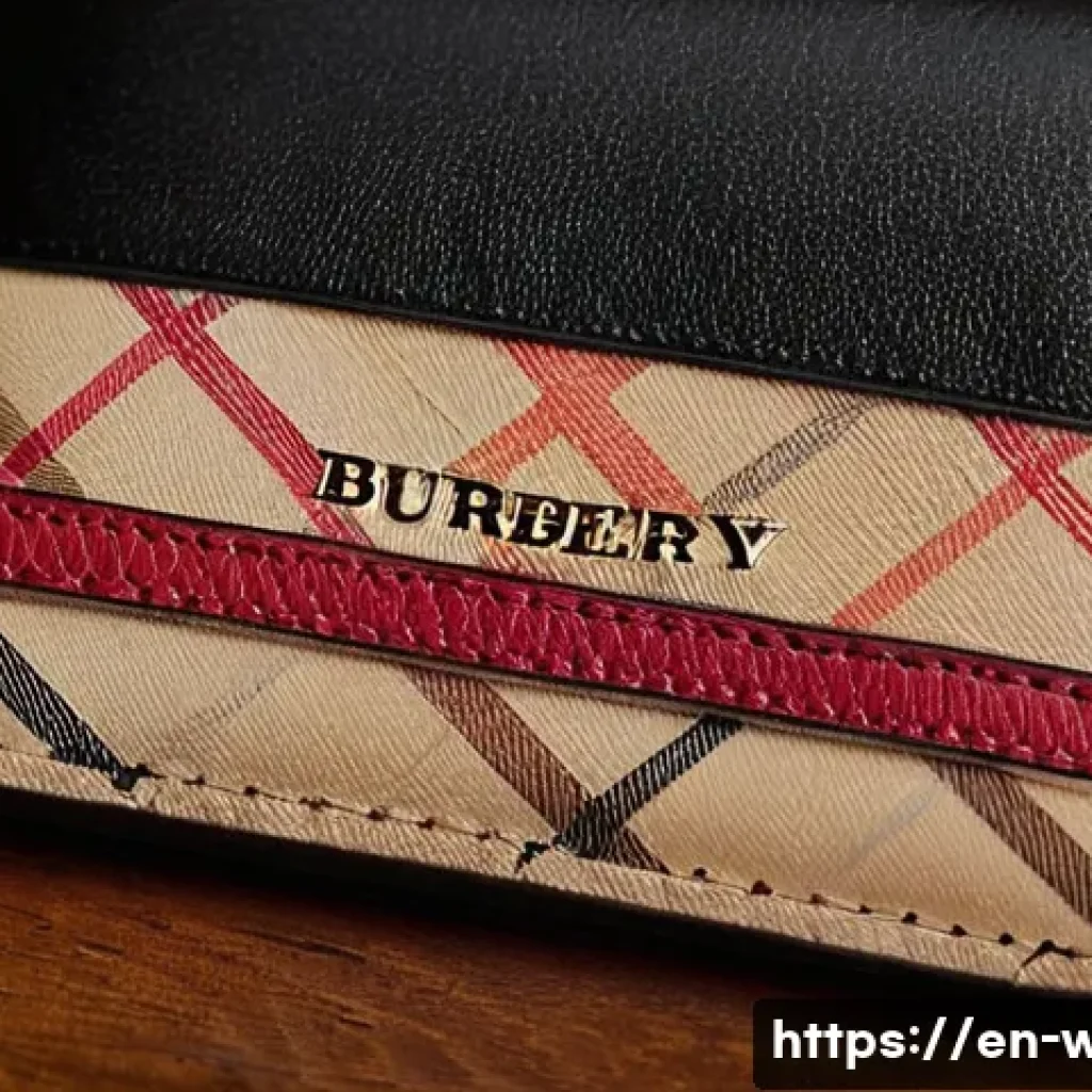 버버리 빈티지 체크 지갑 추천 - A close-up shot of a vintage Burberry wallet resting on a polished wooden table, featuring the iconi...