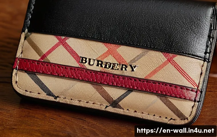 버버리 빈티지 체크 지갑 추천 - A close-up shot of a vintage Burberry wallet resting on a polished wooden table, featuring the iconi...