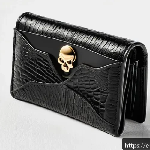 알렉산더맥퀸 카드 지갑의 유니크한 디자인 - A close-up, hyper-realistic image of a luxury card wallet designed by Alexander McQueen, showcasing ...