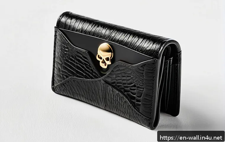 알렉산더맥퀸 카드 지갑의 유니크한 디자인 - A close-up, hyper-realistic image of a luxury card wallet designed by Alexander McQueen, showcasing ...