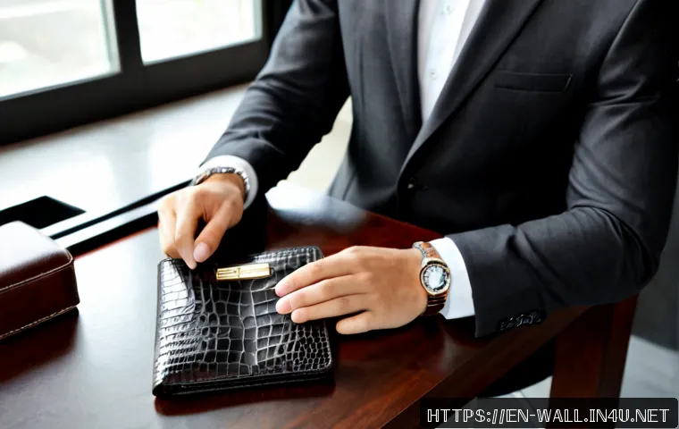알렉산더왕 크록 레더 지갑 스타일링 - Photorealistic luxury styling scene featuring an unbranded black crocodile-embossed leather bifold w...